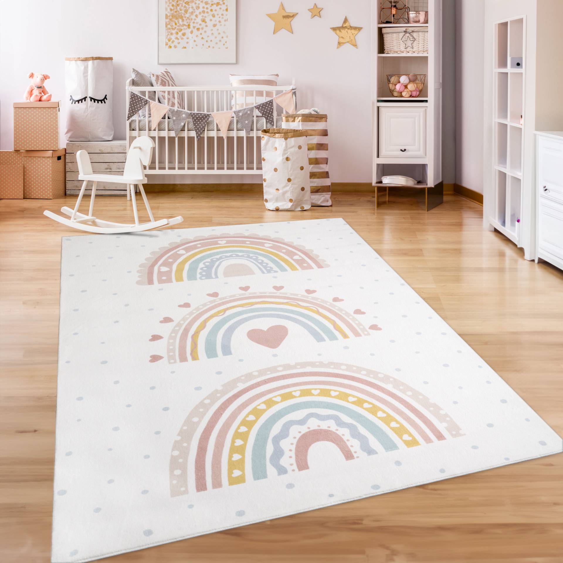 Paco Home Kinderteppich "Eliz 392", rechteckig, Kurzflor, Spielteppich, Patchwork-Muster, Motiv Punkte & Regenbogen von PACO HOME