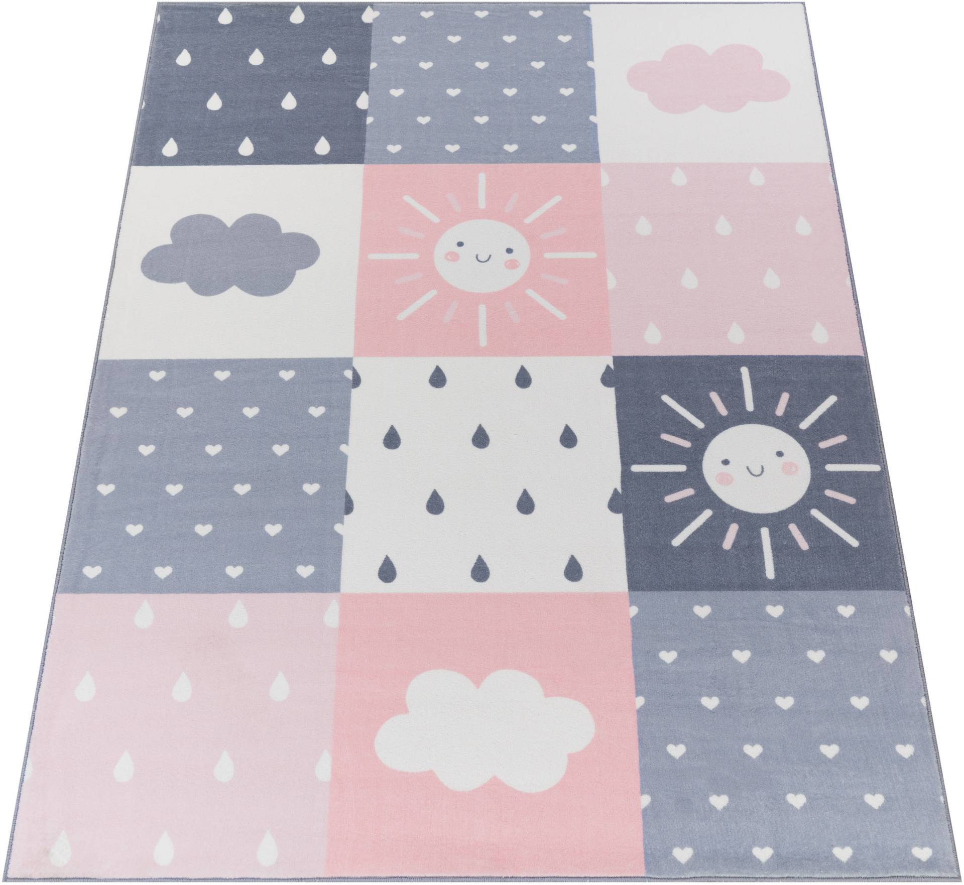 Paco Home Kinderteppich "Eliz 393", rechteckig, Kurzflor, Spielteppich, Patchwork-Muster, Motiv Sonne, Wolken, Herz von PACO HOME