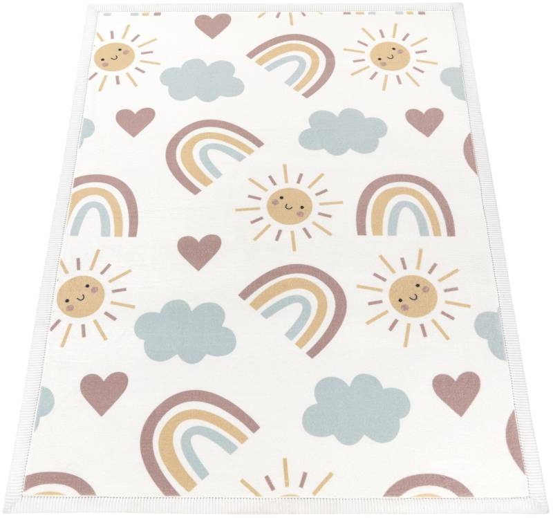 Paco Home Kinderteppich "Emilia 352" rechteckig 24 mm Höhe Kurzflor, Sonne, Wolken, Regenbogen, sehr weicher Flor von PACO HOME