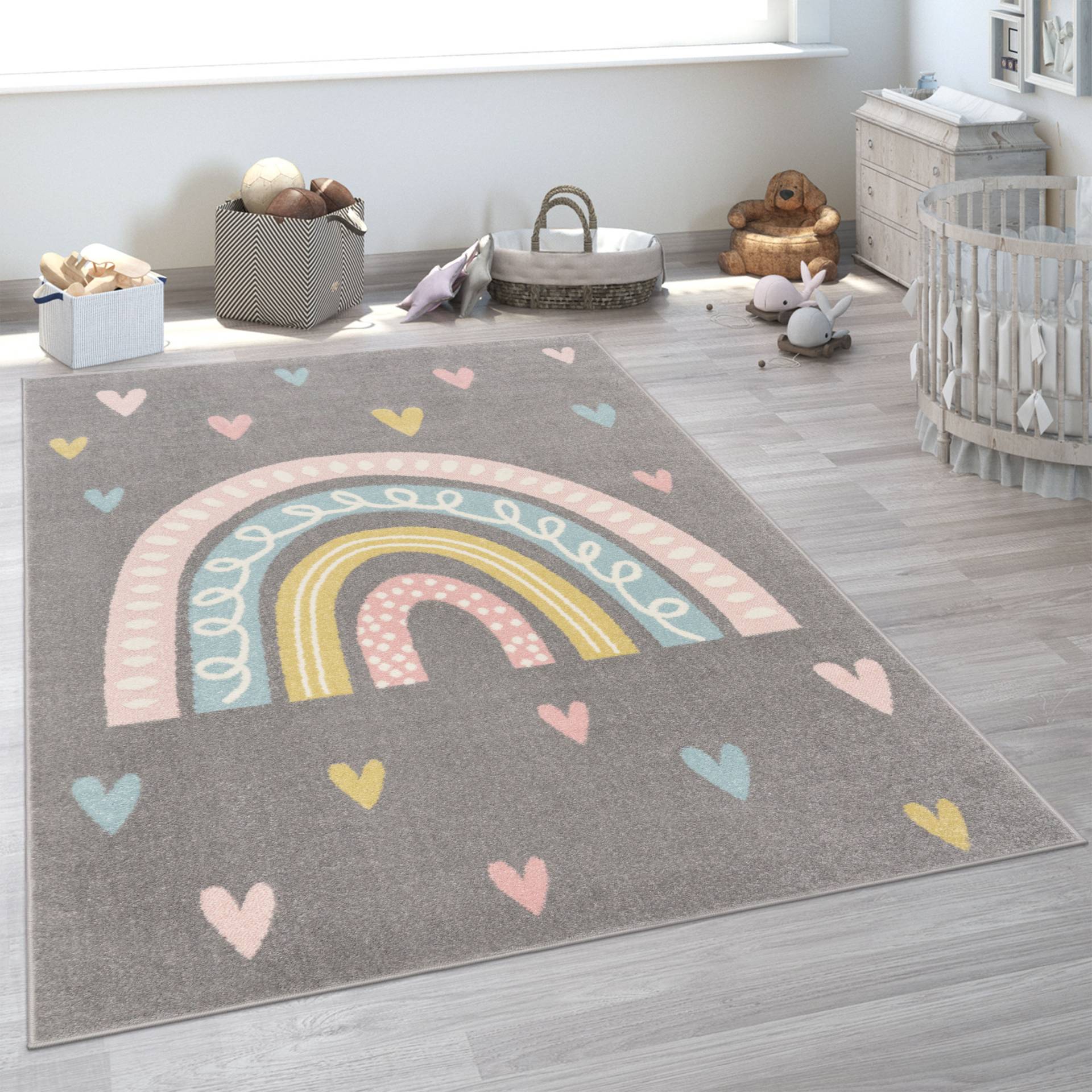 Paco Home Kinderteppich "Nino 887" rechteckig 13 mm Höhe Kurzflor, Spielteppich, Motiv Regenbogen & Herzen, Kinderzimmer von PACO HOME