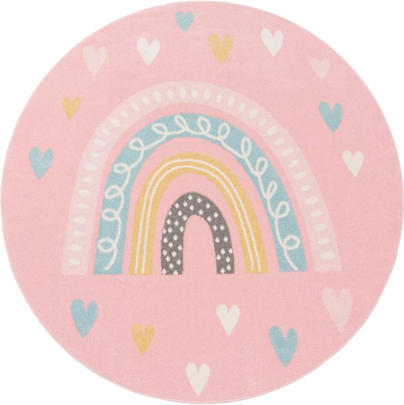Paco Home Kinderteppich "Nino 887" rund 13 mm Höhe Kurzflor, Spielteppich, Motiv Regenbogen & Herzen, Kinderzimmer von PACO HOME
