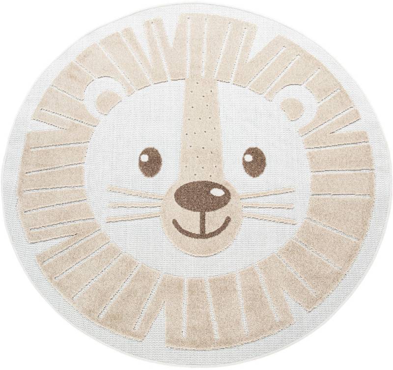 Paco Home Kinderteppich "Tweet 464" rund 12 mm Höhe Flachgewebe, Hoch-Tief-Effekt, Motiv Löwe, In- und Outdoor geeignet von PACO HOME
