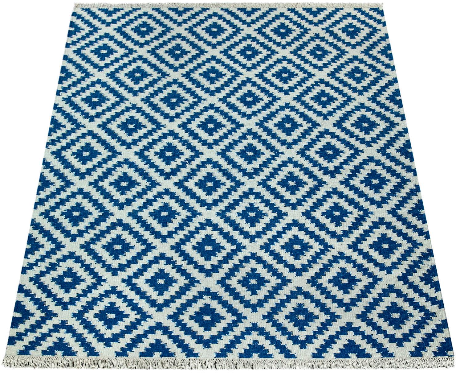 Paco Home Wollteppich "Kenitra 500" rechteckig 12 mm Höhe Flachgewebe, reine Wolle, handgewebt, Rauten Design, mit Fransen von PACO HOME