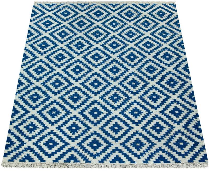 Paco Home Wollteppich "Kenitra 500" rechteckig 12 mm Höhe Flachgewebe, reine Wolle, handgewebt, Rauten Design, mit Fransen von PACO HOME