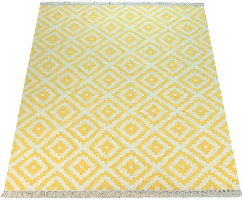 Paco Home Wollteppich "Kenitra 500" rechteckig 12 mm Höhe Flachgewebe, reine Wolle, handgewebt, Rauten Design, mit Fransen von PACO HOME