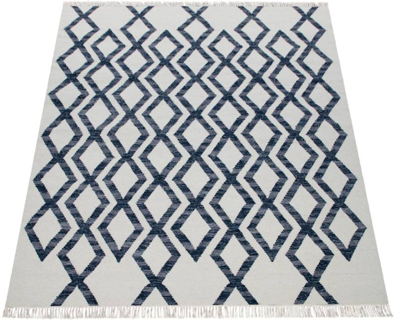 Paco Home Wollteppich "Kenitra 502" rechteckig 12 mm Höhe Flachgewebe, reine Wolle, handgewebt, Rauten Design, mit Fransen von PACO HOME