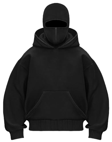 PADOLA Balaclava 1/4 Zip Hoodie Herren mit Sturmhaube Oversized Y2K Hoodie mit Doppel Kapuze Winddichter Ninja Hoodie mit Fleece Übergangsjacke Einfarbig Mask Hoodie Kapuzenpullover (M, 0 Schwarz) von PADOLA