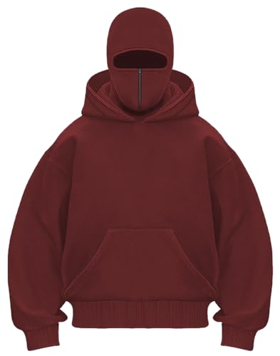 PADOLA Balaclava 1/4 Zip Hoodie Herren mit Sturmhaube Oversized Y2K Hoodie mit Doppel Kapuze Winddichter Ninja Hoodie mit Fleece Übergangsjacke Einfarbig Mask Hoodie Kapuzenpullover (S, Rot) von PADOLA