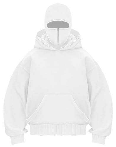 PADOLA Balaclava 1/4 Zip Hoodie Herren mit Sturmhaube Oversized Y2K Hoodie mit Doppel Kapuze Winddichter Ninja Hoodie mit Fleece Übergangsjacke Einfarbig Mask Hoodie Kapuzenpullover (S, Weiß) von PADOLA