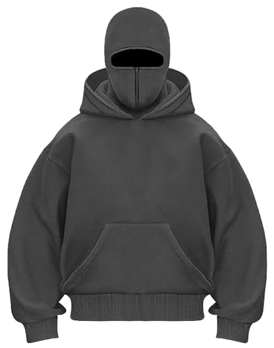 PADOLA Balaclava 1/4 Zip Hoodie Herren mit Sturmhaube Oversized Y2K Hoodie mit Doppel Kapuze Winddichter Ninja Hoodie mit Fleece Übergangsjacke Einfarbig Mask Hoodie Kapuzenpullover (M, Dunkelgrau) von PADOLA