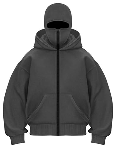 PADOLA Balaclava Zip Hoodie Herren Ninja Kapuzenpullover mit Sturmhaube Oversized Mask Jacke mit Doppel Kapuze Y2K Hoodie mit Fleece Winddichte Übergangsjacke Motor Fahrrad (2XL, 1 Dunkelgrau) von PADOLA