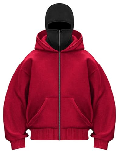 PADOLA Balaclava Zip Hoodie Herren Ninja Kapuzenpullover mit Sturmhaube Oversized Mask Jacke mit Doppel Kapuze Y2K Hoodie mit Fleece Winddichte Übergangsjacke Motor Fahrrad (2XL, 3 Rot) von PADOLA