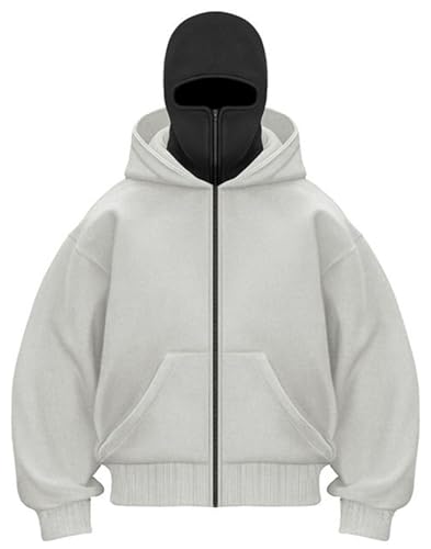 PADOLA Balaclava Zip Hoodie Herren Ninja Kapuzenpullover mit Sturmhaube Oversized Mask Jacke mit Doppel Kapuze Y2K Hoodie mit Fleece Winddichte Übergangsjacke Motor Fahrrad (XL, 3 Hellgrau) von PADOLA