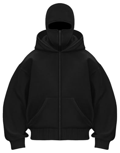 PADOLA Balaclava Zip Hoodie Herren Ninja Kapuzenpullover mit Sturmhaube Oversized Mask Jacke mit Doppel Kapuze Y2K Hoodie mit Fleece Winddichte Übergangsjacke Motor Fahrrad (M, 0 Schwarz) von PADOLA