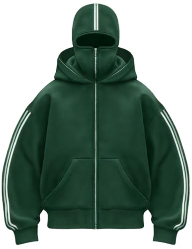 PADOLA Balaclava Zip Hoodie Herren mit Sturmhaube Oversized Y2K Ninja Hoodie mit Doppel Kapuze Winddichter Kapuzenpullover mit Fleece Streifen Winter Sweatshirt Warme Übergangsjacke (2XL, 2 Grün) von PADOLA