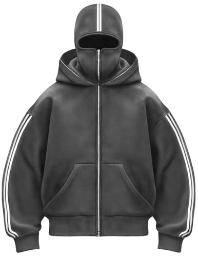 PADOLA Balaclava Zip Hoodie Herren mit Sturmhaube Oversized Y2K Ninja Hoodie mit Doppel Kapuze Winddichter Kapuzenpullover mit Fleece Streifen Winter Sweatshirt Warme Übergangsjacke (S, 1 Grau) von PADOLA
