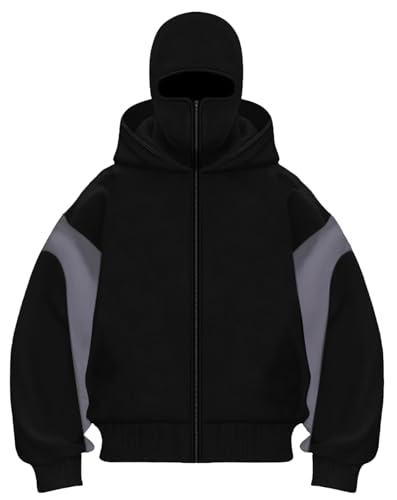 PADOLA Balaclava Zip Hoodie Herren Ninja Kapuzenpullover mit Sturmhaube Oversized Mask Jacke mit Doppel Kapuze Y2K Hoodie mit Fleece Winddichte Übergangsjacke Motor Fahrrad (M, 2 Schwarz) von PADOLA