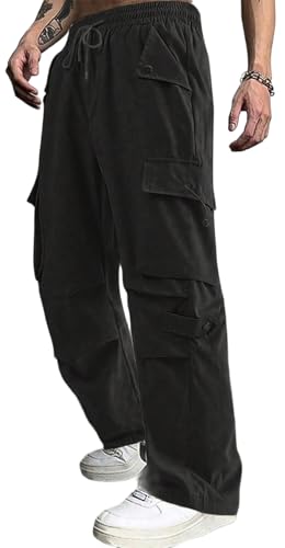 PADOLA Cargohose Herren Baggy Jogginghose mit Multi-Taschen Elastische Taille mit Kordelzug Chino Hose Weites Bein Y2K Einfarbige Hosen Casual Lange Freizeithose Arbeitshose (Schwarz, XL) von PADOLA