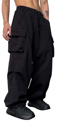 PADOLA Cargohose Herren Schnelltrocknende Baggy Jogginghose mit 4 Taschen Hohe Elastische Taille mit Kordelzug Y2K Einfarbige Hosen Loose Yogahose Arbeitshose Freizeithose (0 Schwarz, XXL) von PADOLA