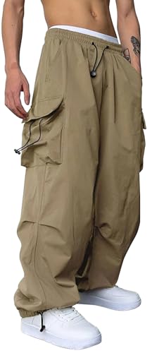 PADOLA Cargohose Herren Schnelltrocknende Baggy Jogginghose mit 4 Taschen Hohe Elastische Taille mit Kordelzug Y2K Einfarbige Hosen Loose Yogahose Arbeitshose Freizeithose (1 Khaki, XXL) von PADOLA