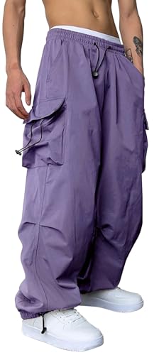PADOLA Cargohose Herren Schnelltrocknende Baggy Jogginghose mit 4 Taschen Hohe Elastische Taille mit Kordelzug Y2K Einfarbige Hosen Loose Yogahose Arbeitshose Freizeithose (1 Lila, S) von PADOLA
