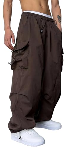 PADOLA Cargohose Herren Schnelltrocknende Baggy Jogginghose mit 4 Taschen Hohe Elastische Taille mit Kordelzug Y2K Einfarbige Hosen Loose Yogahose Arbeitshose Freizeithose (3 Braun, M) von PADOLA