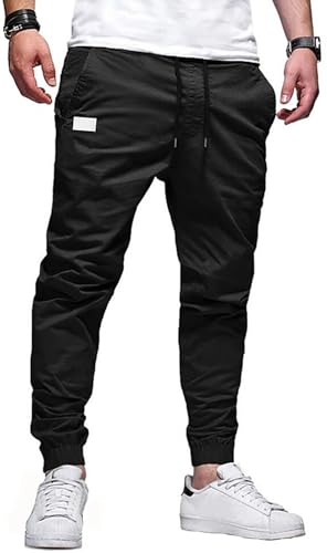 PADOLA Chino Hose Herren Baumwolle Cargohose Elastische Taille mit Kordelzug Casual Hosen mit Multi-Taschen Einfarbige Jogginghose Slim Fit Trainingshose Freizeithose Schlupfhose (1 Schwarz, M) von PADOLA