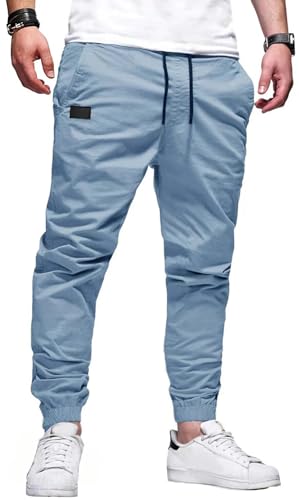 PADOLA Chino Hose Herren Baumwolle Cargohose Elastische Taille mit Kordelzug Casual Hosen mit Multi-Taschen Einfarbige Jogginghose Slim Fit Trainingshose Freizeithose Schlupfhose (3 Hellblau, M) von PADOLA