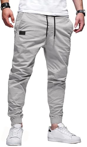 PADOLA Chino Hose Herren Baumwolle Cargohose Elastische Taille mit Kordelzug Casual Hosen mit Multi-Taschen Einfarbige Jogginghose Slim Fit Trainingshose Freizeithose Schlupfhose (1 Grau, L) von PADOLA