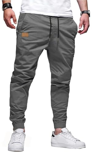 PADOLA Chino Hose Herren Baumwolle Cargohose Elastische Taille mit Kordelzug Casual Hosen mit Multi-Taschen Einfarbige Jogginghose Slim Fit Trainingshose Freizeithose Schlupfhose (1 Dunkelgrau, S) von PADOLA