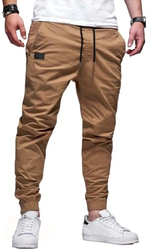 PADOLA Chino Hose Herren Baumwolle Cargohose Elastische Taille mit Kordelzug Casual Hosen mit Multi-Taschen Einfarbige Jogginghose Slim Fit Trainingshose Freizeithose Schlupfhose (0 Khaki, XL) von PADOLA