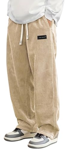 PADOLA Cordhose Herren Baggy Elastische Taille mit Kordelzug Cargohose Gestrickte Jogginghose mit Taschen Casual Hip Hop Y2K Hosen Weites Bein Lange Sporthose Loose Freizeithose (2 Khaki, XL) von PADOLA