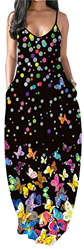 PADOLA Damen Sommerkleid Lang Boho Kleid Ärmellos Maxikleider Chic Casual Strandkleid Blumen Freizeitkleid mit Taschen (2 Schmetterling Dot, L) von PADOLA