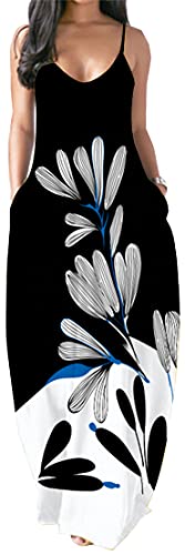 PADOLA Damen Sommerkleid Lang Boho Kleid Ärmellos Maxikleider Chic Casual Strandkleid Blumen Freizeitkleid mit Taschen (1 Weiß Blumen, L) von PADOLA