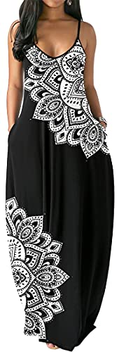 PADOLA Damen Sommerkleid Lang Boho Kleid Ärmellos Maxikleider Chic Casual Strandkleid Blumen Freizeitkleid mit Taschen (3 Weiß Blumen-2, L) von PADOLA