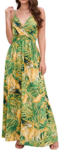 PADOLA Sommerkleid Damen Lang Maxikleid V-Ausschnitt Sommer Boho Kleid Blumenmuster Lang Strandkleid Elegant Hawaii Kleid Damen (5 Gelb Grün, S) von PADOLA