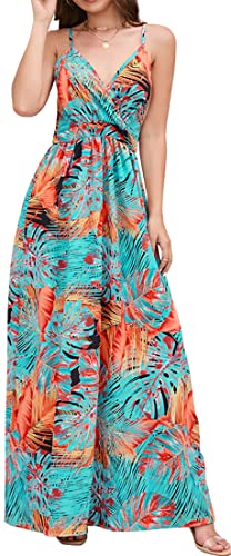 PADOLA Sommerkleid Damen Lang Maxikleid V-Ausschnitt Sommer Boho Kleid Blumenmuster Lang Strandkleid Elegant Hawaii Kleid Damen (2 Blau Orange, XXL) von PADOLA