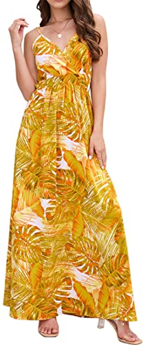 PADOLA Sommerkleid Damen Lang Maxikleid V-Ausschnitt Sommer Boho Kleid Blumenmuster Lang Strandkleid Elegant Hawaii Kleid Damen (Gelb, S) von PADOLA
