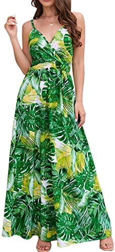 PADOLA Sommerkleid Damen Lang Maxikleid V-Ausschnitt Sommer Boho Kleid Blumenmuster Lang Strandkleid Elegant Hawaii Kleid Damen (1 Grassgrün, XL) von PADOLA