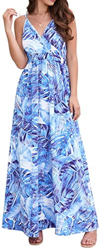 PADOLA Sommerkleid Damen Lang Maxikleid V-Ausschnitt Sommer Boho Kleid Blumenmuster Lang Strandkleid Elegant Hawaii Kleid Damen (0 Himmelblau, XL) von PADOLA