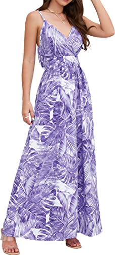 PADOLA Sommerkleid Damen Lang Maxikleid V-Ausschnitt Sommer Boho Kleid Blumenmuster Lang Strandkleid Elegant Hawaii Kleid Damen (4 Lila, L) von PADOLA