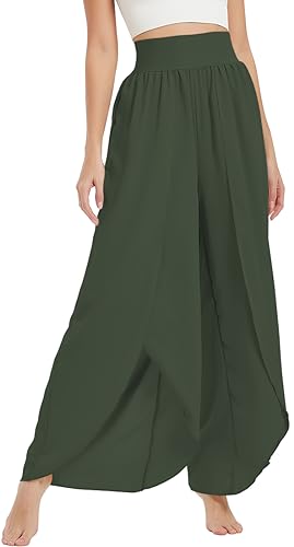 PADOLA Damen Hosenrock Hosen mit Schlitz Wickelhose Hohe Taille Leichte Sommerhose Elastischer Bund Palazzo Hose Yogahose Weites Bein Rüschen Schlaghose Haremshosen (Armeegrün,2XL) von PADOLA