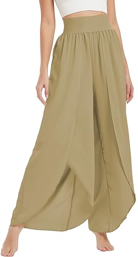 PADOLA Damen Hosenrock Hosen mit Schlitz Wickelhose Hohe Taille Leichte Sommerhose Elastischer Bund Palazzo Hose Yogahose Weites Bein Rüschen Schlaghose Haremshosen (Khaki,2XL) von PADOLA