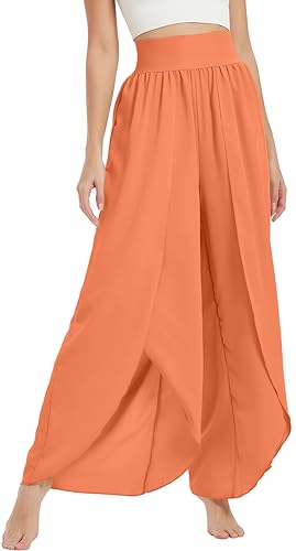 PADOLA Damen Hosenrock Hosen mit Schlitz Wickelhose Hohe Taille Leichte Sommerhose Elastischer Bund Palazzo Hose Yogahose Weites Bein Rüschen Schlaghose Haremshosen (Orange,2XL) von PADOLA