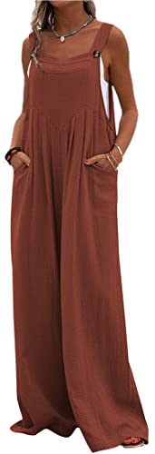 PADOLA Leinen Latzhose Damen Baggy Jumpsuit Damen Sommer Ärmelloser Overall mit Tasche Hosenanzüge Dungaree Lang Romper Playsuits Lose gerade Silhouette Einfarbig Strandbekleidung (Rot, L) von PADOLA