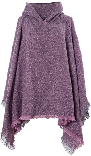 PADOLA Damen Kaputzenpullover Strick Poncho mit Fransen Elegant Vintage Schal Cape mit Quasten Herbst Winter Warm Poncho Cardigan Kapuzen Cape (Lila) von PADOLA