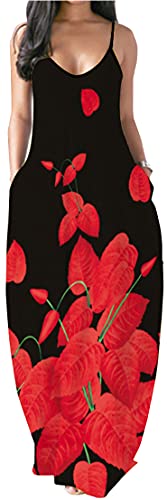 PADOLA Damen Sommerkleid Lang Boho Kleid Ärmellos Maxikleider Chic Casual Strandkleid Blumen Freizeitkleid mit Taschen (1 Rot Blätter, L) von PADOLA