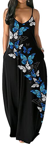 PADOLA Damen Sommerkleid Lang Boho Kleid Ärmellos Maxikleider Chic Casual Strandkleid Blumen Freizeitkleid mit Taschen (1 Blau Schmetterling-2, M) von PADOLA