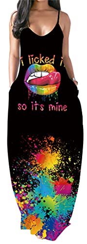 PADOLA Sommerkleid Damen Ärmellose Kleider Damen Sommer Strandkleid mit Taschen Casual Maxikleid Blumenmuster Boho Kleid Spaghettiträger Kleid Vintage Chic Elegant (1 Bunte Lippen, L) von PADOLA