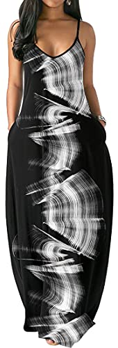 PADOLA Sommerkleid Damen Ärmellose Kleider Damen Sommer Strandkleid mit Taschen Casual Maxikleid Blumenmuster Boho Kleid Spaghettiträger Kleid Vintage Chic Elegant (1 Schwarz Weiß, L) von PADOLA